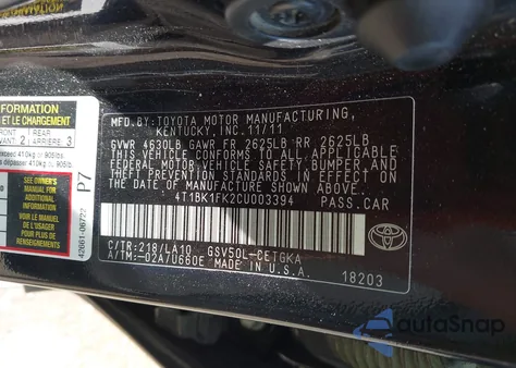 2012 Toyota Camry Xle V6 from USA, damaged, VIN 4T1BK1FK2CU003394